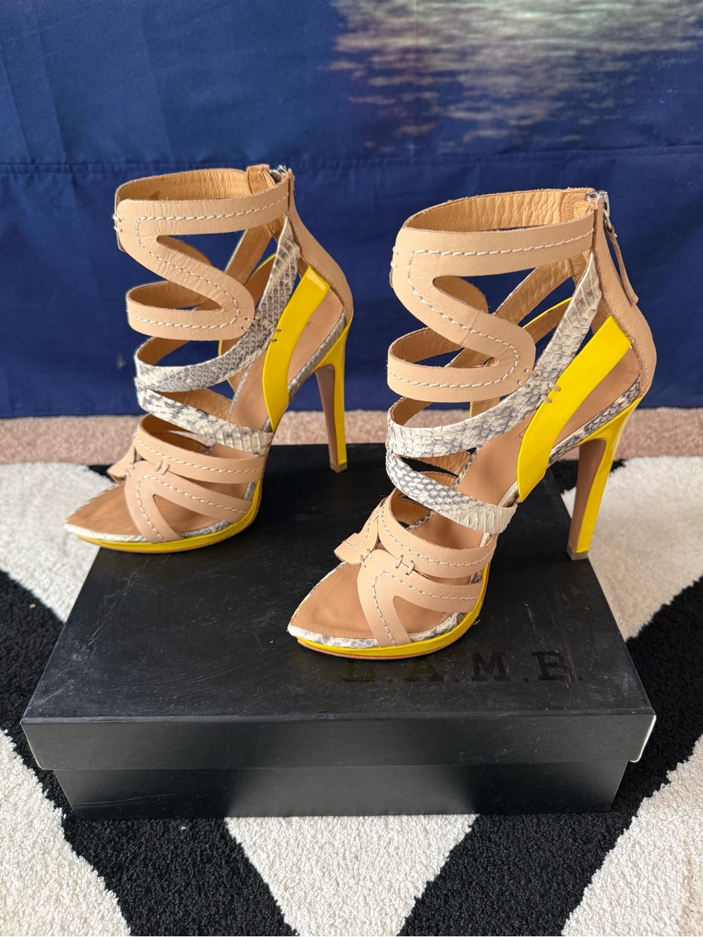 L.A.M.B. Beige Strappy Pointed-Toe High-Heel Sandals with Snakeskin Accent - Picture 2 of 5